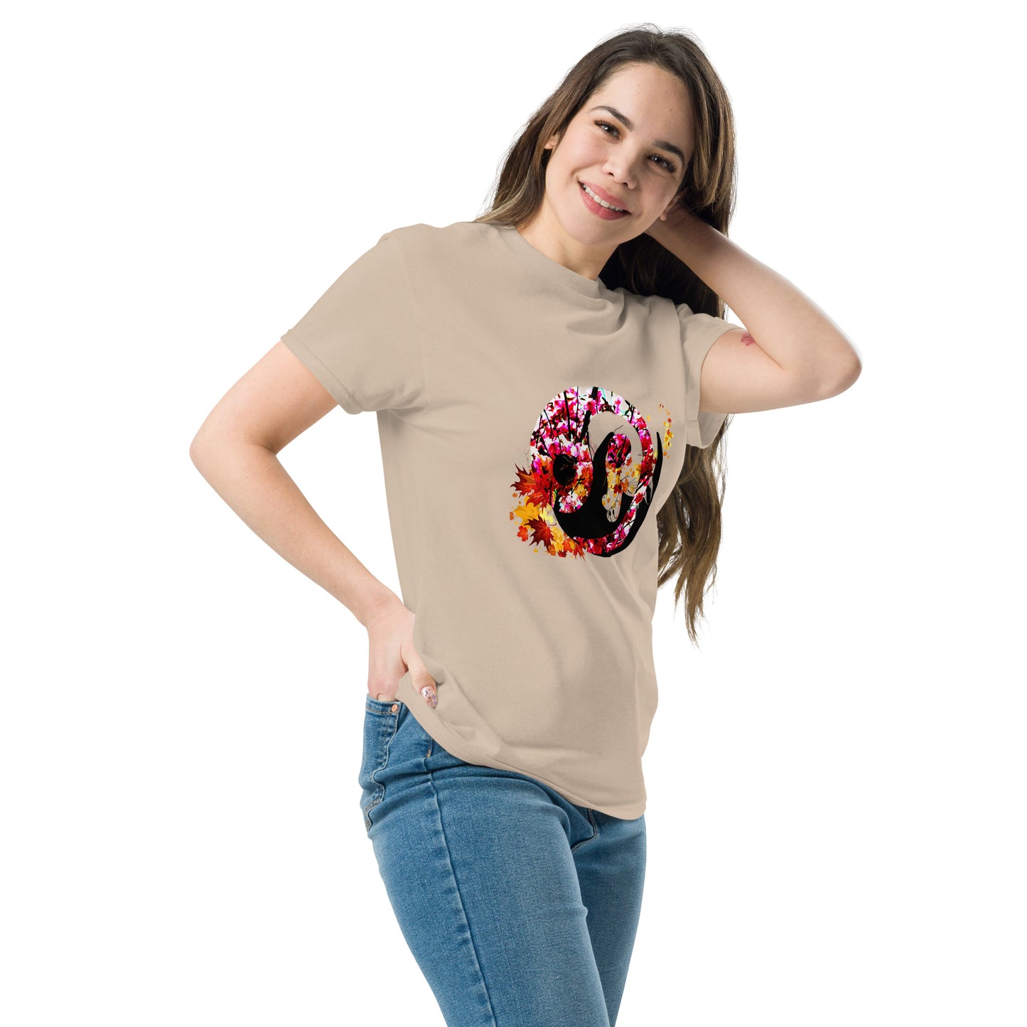 Soft Sand color t-shirt featuring artistic yin yang symbol created with black and white cats in circular balance
