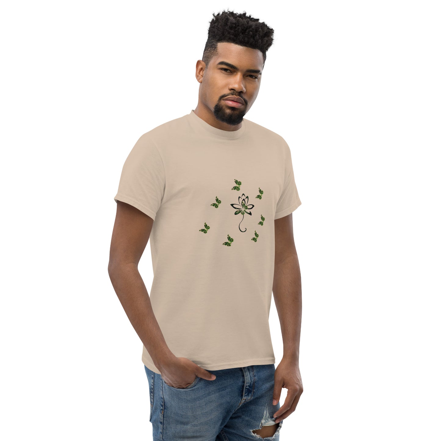 Eco-friendly organic cotton Sand color t-shirt with green environmental design featuring leaf patterns and nature symbols