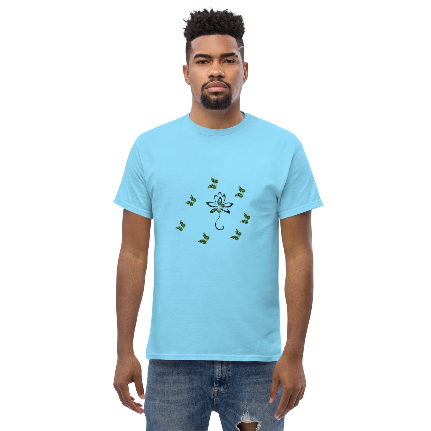Eco-friendly organic cotton Sky Blue color t-shirt with green environmental design featuring leaf patterns and nature symbols