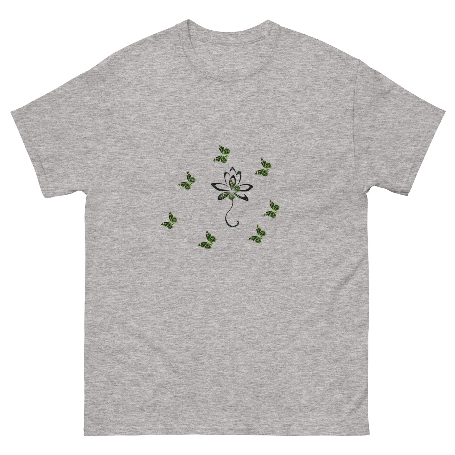Eco-friendly organic cotton Carbon Grey color t-shirt with green environmental design featuring leaf patterns and nature symbols
