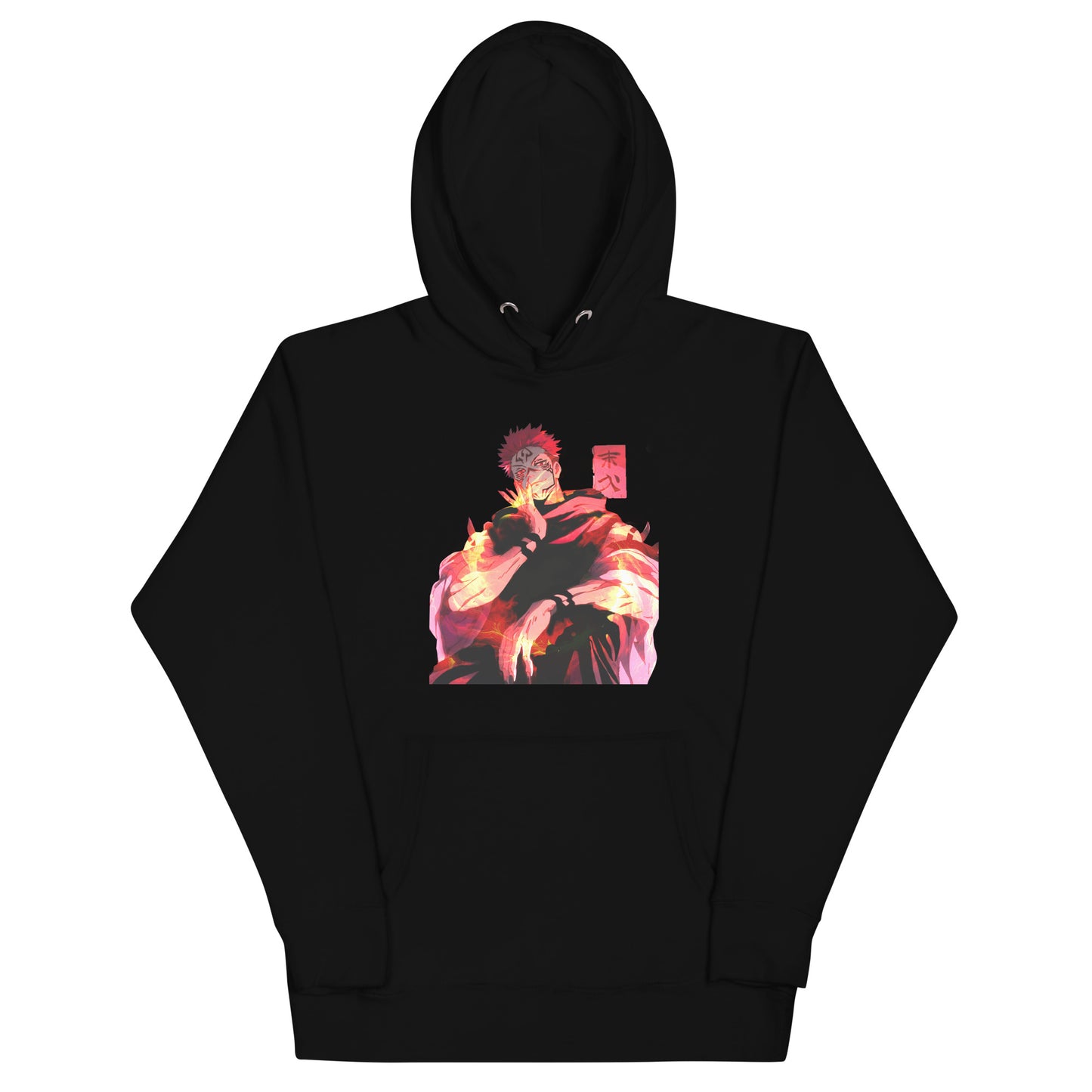 Black anime hoodie with red malevolent cursed energy design inspired by Jujutsu Kaisen