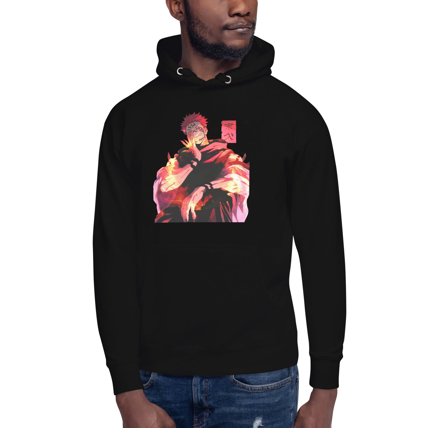 Black anime hoodie with red malevolent cursed energy design inspired by Jujutsu Kaisen