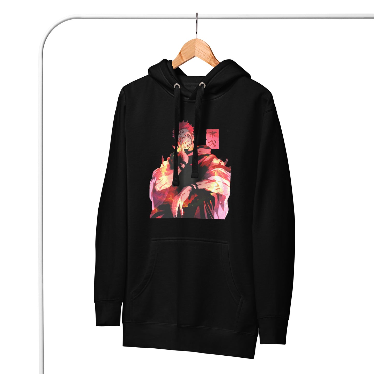 Black anime hoodie with red malevolent cursed energy design inspired by Jujutsu Kaisen