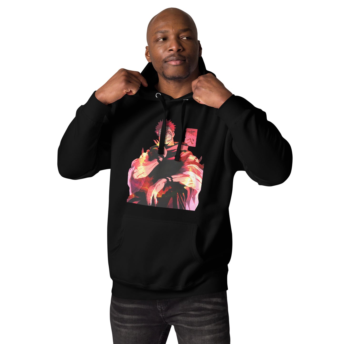 Black anime hoodie with red malevolent cursed energy design inspired by Jujutsu Kaisen