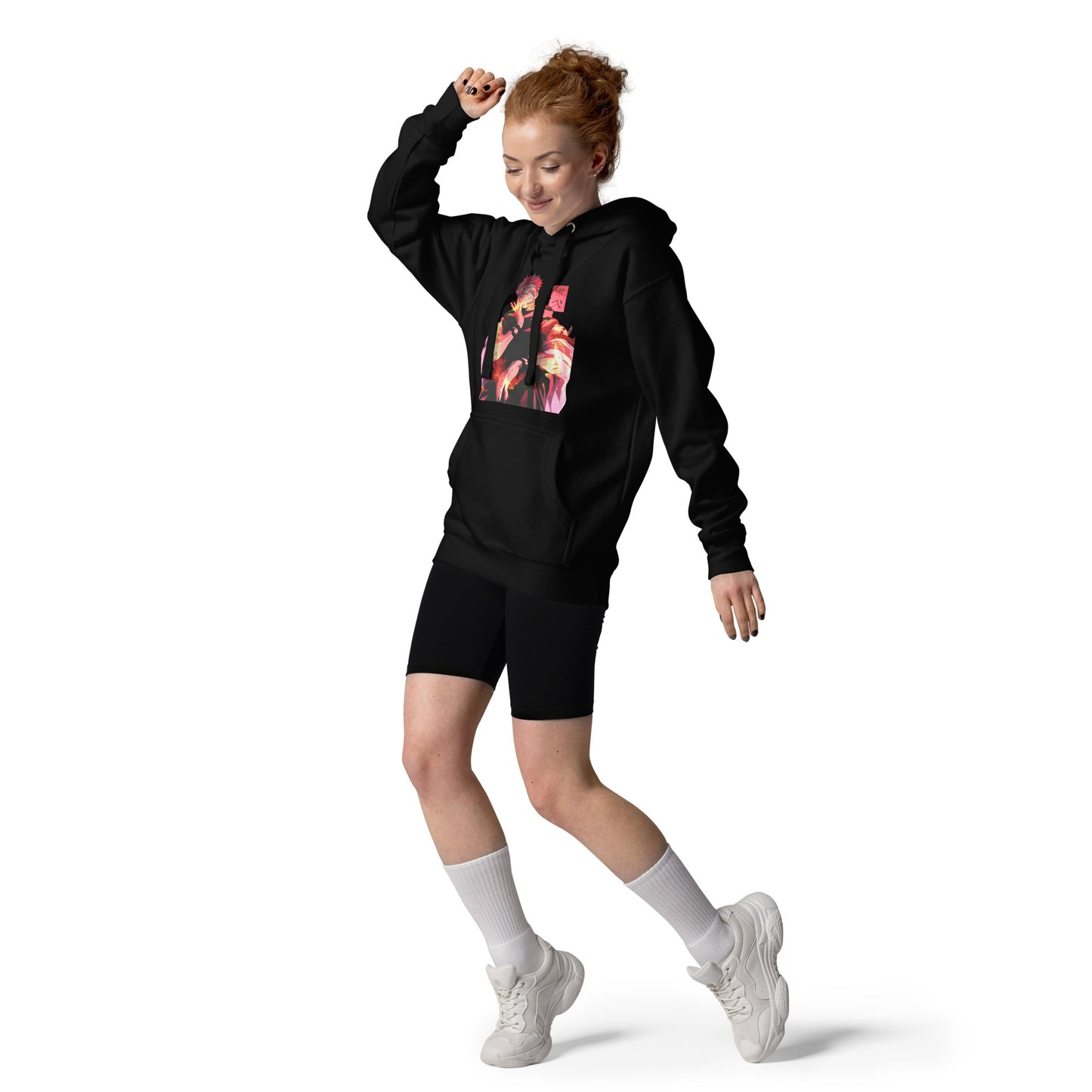 Black anime hoodie with red malevolent cursed energy design inspired by Jujutsu Kaisen