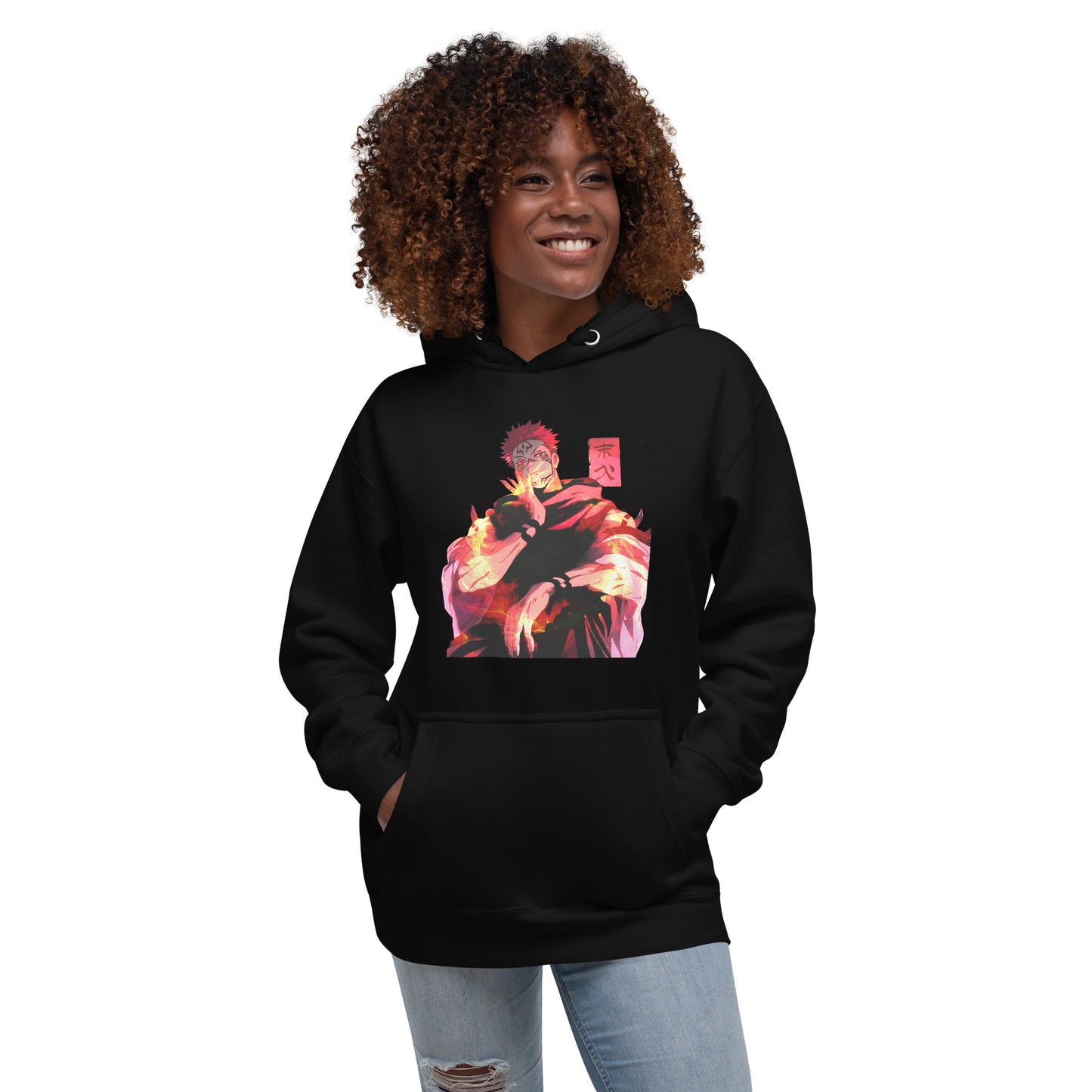 Black anime hoodie with red malevolent cursed energy design inspired by Jujutsu Kaisen