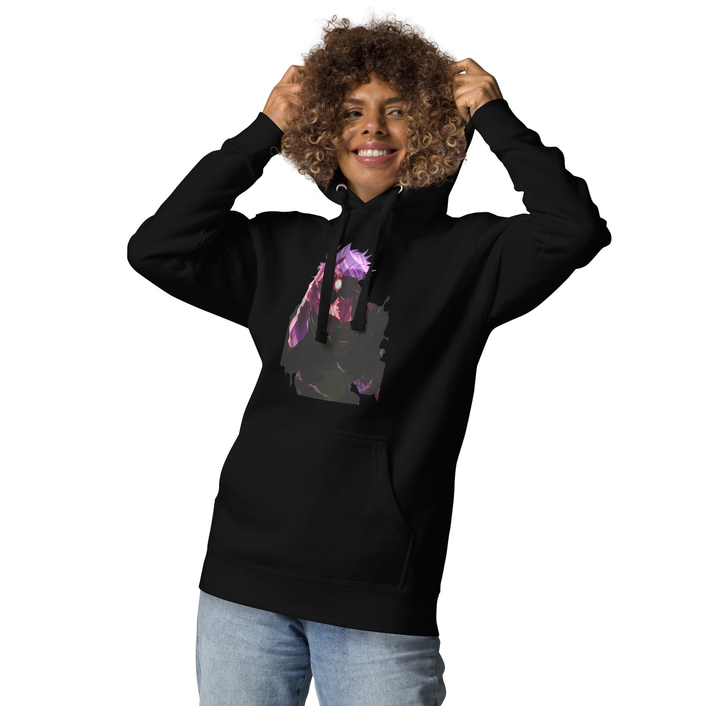 Black infinity streetwear hoodie featuring minimal urban design, oversized hood and split pocket details