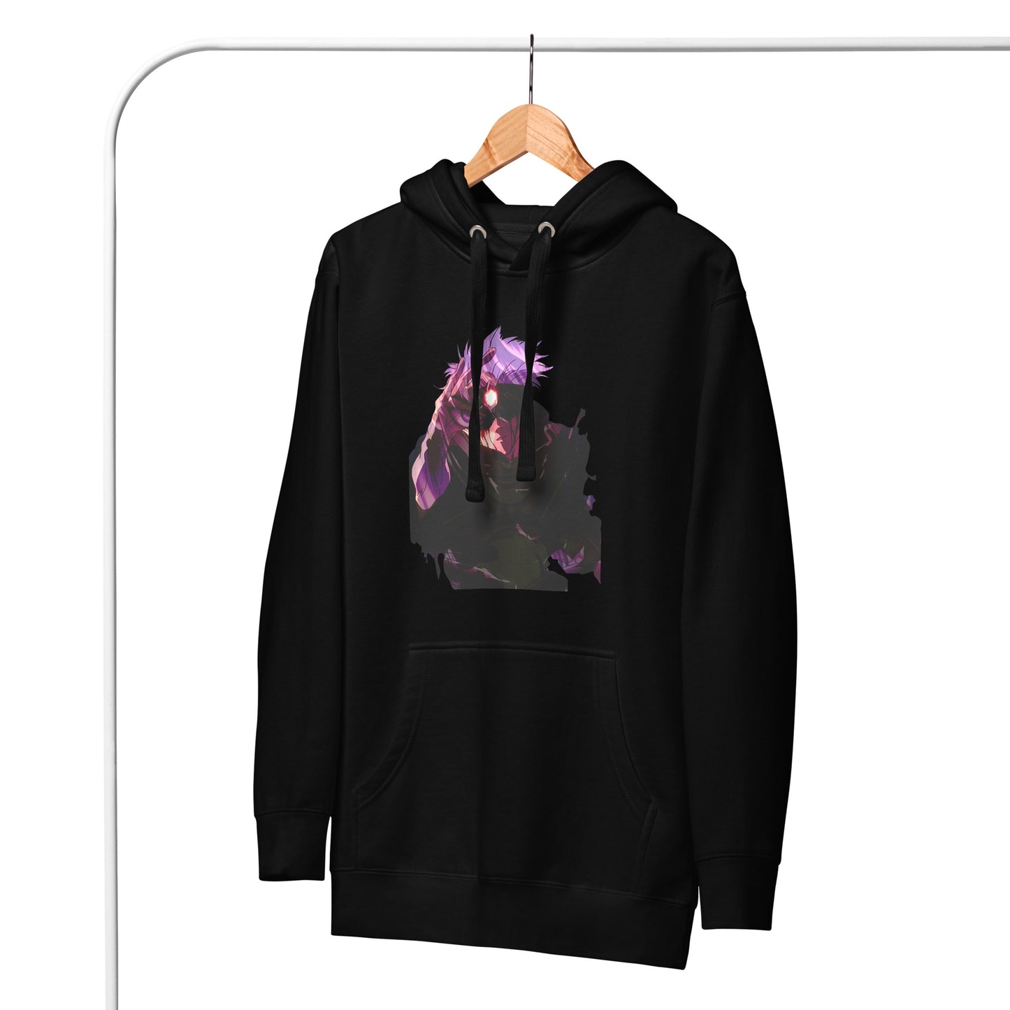 Black infinity streetwear hoodie featuring minimal urban design, oversized hood and split pocket details