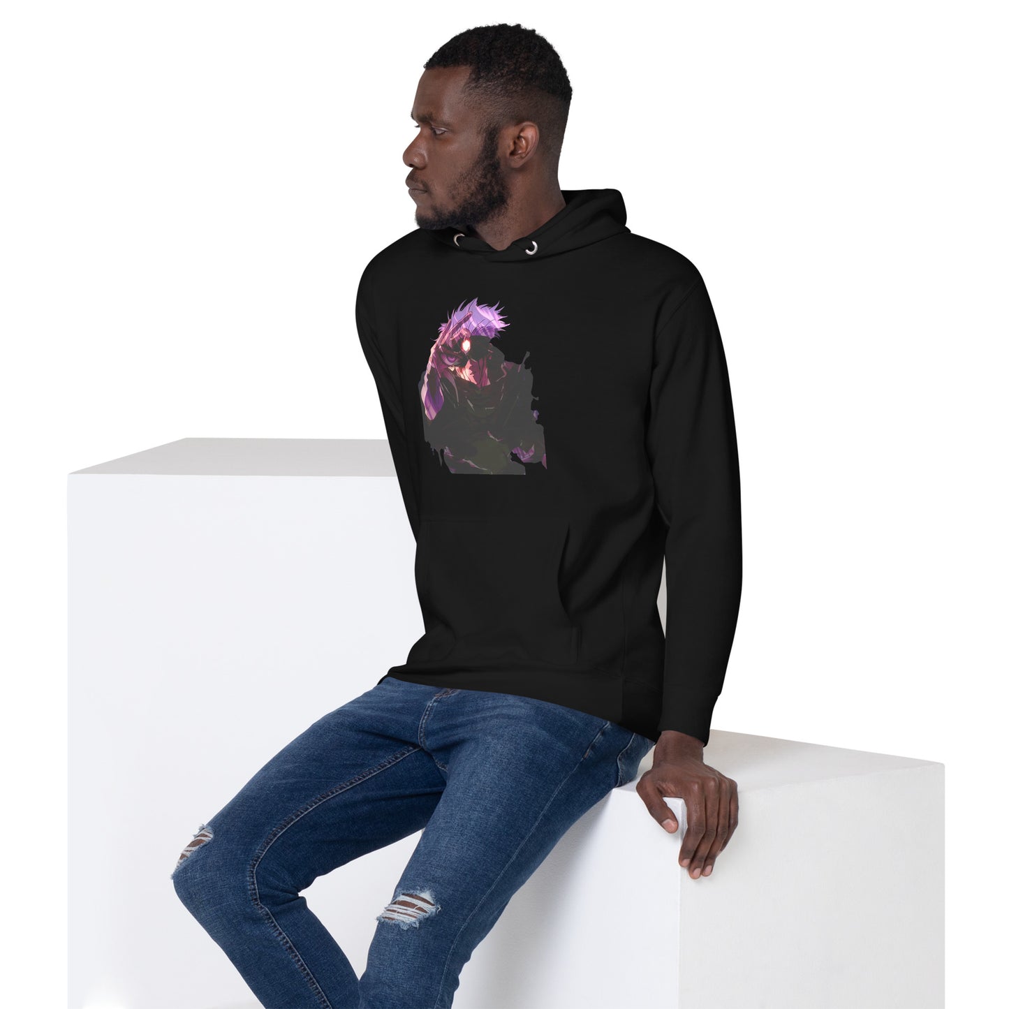 Black infinity streetwear hoodie featuring minimal urban design, oversized hood and split pocket details