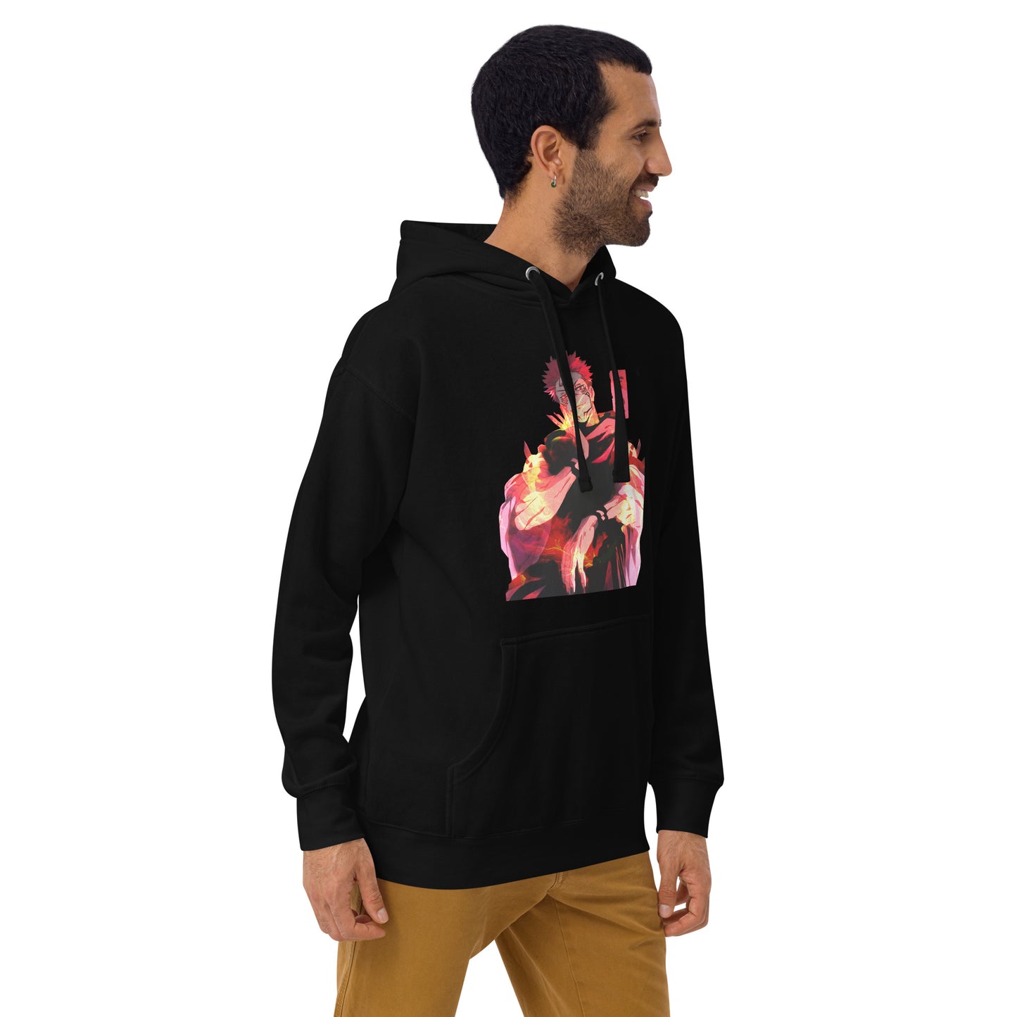 Black anime hoodie with red malevolent cursed energy design inspired by Jujutsu Kaisen