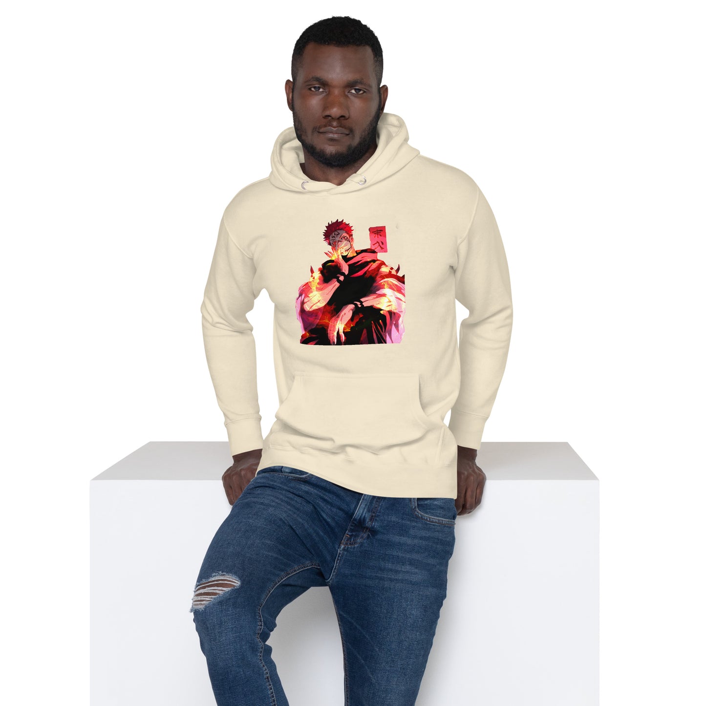Bone anime hoodie with red malevolent cursed energy design inspired by Jujutsu Kaisen