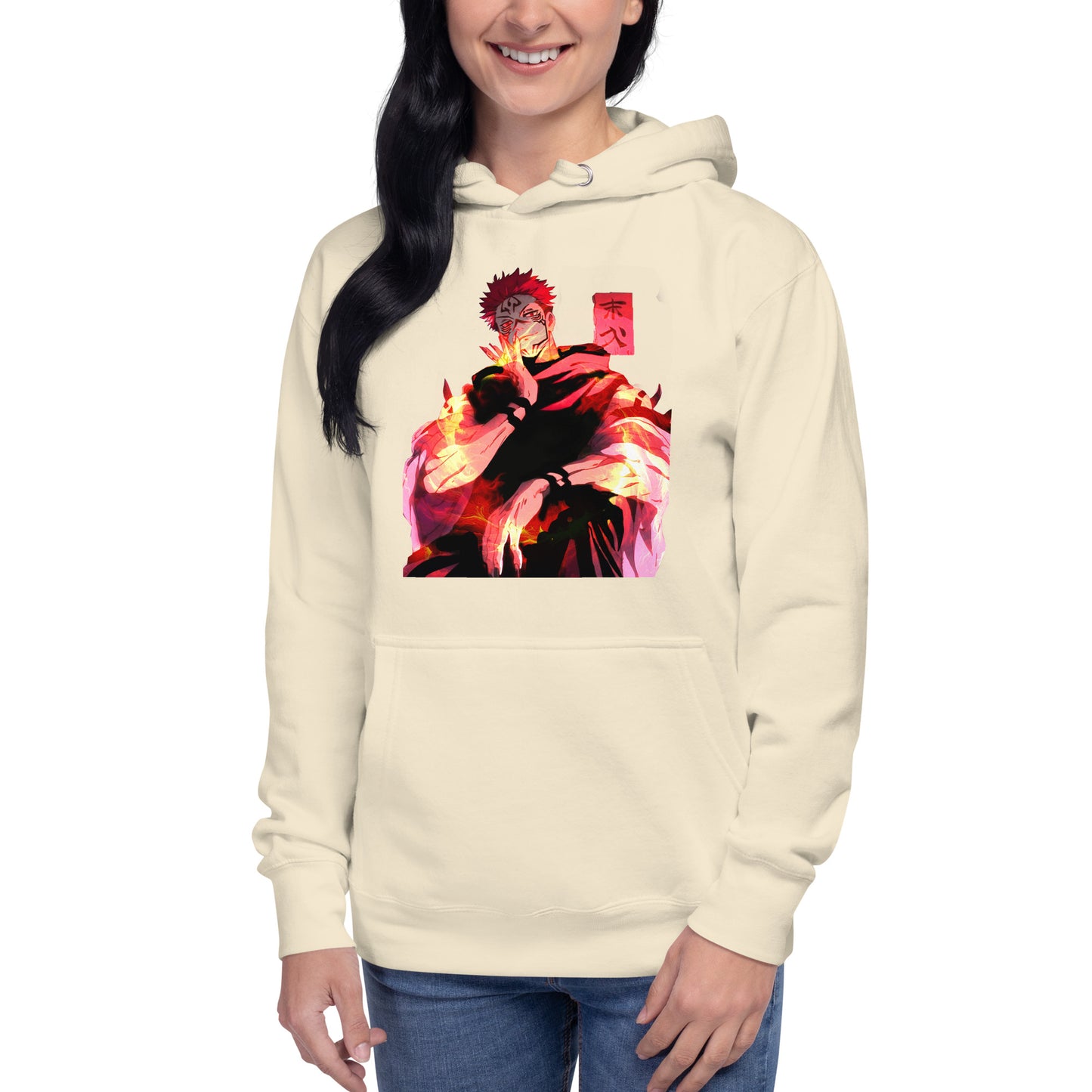 Bone anime hoodie with red malevolent cursed energy design inspired by Jujutsu Kaisen