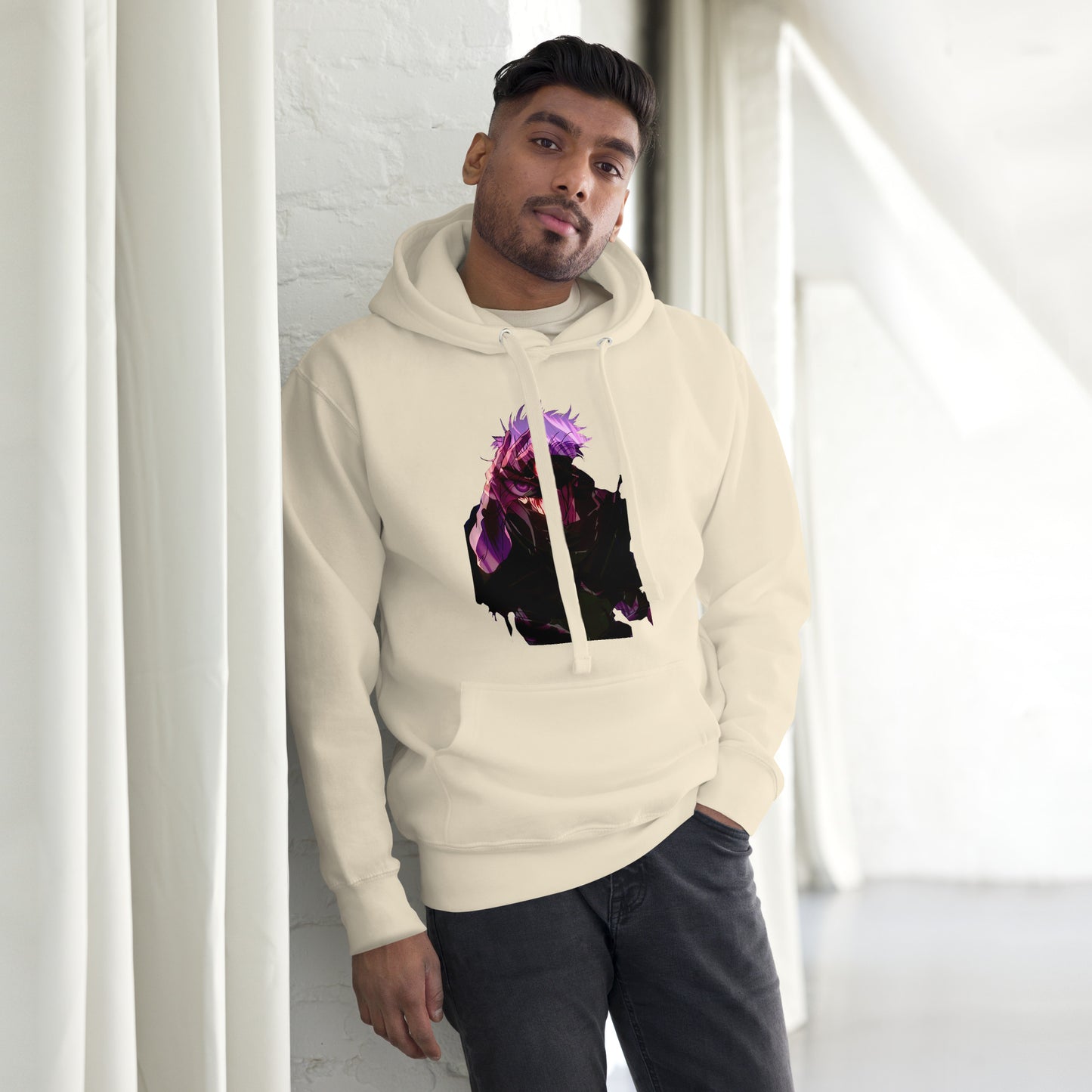Bone infinity streetwear hoodie featuring minimal urban design, oversized hood and split pocket details