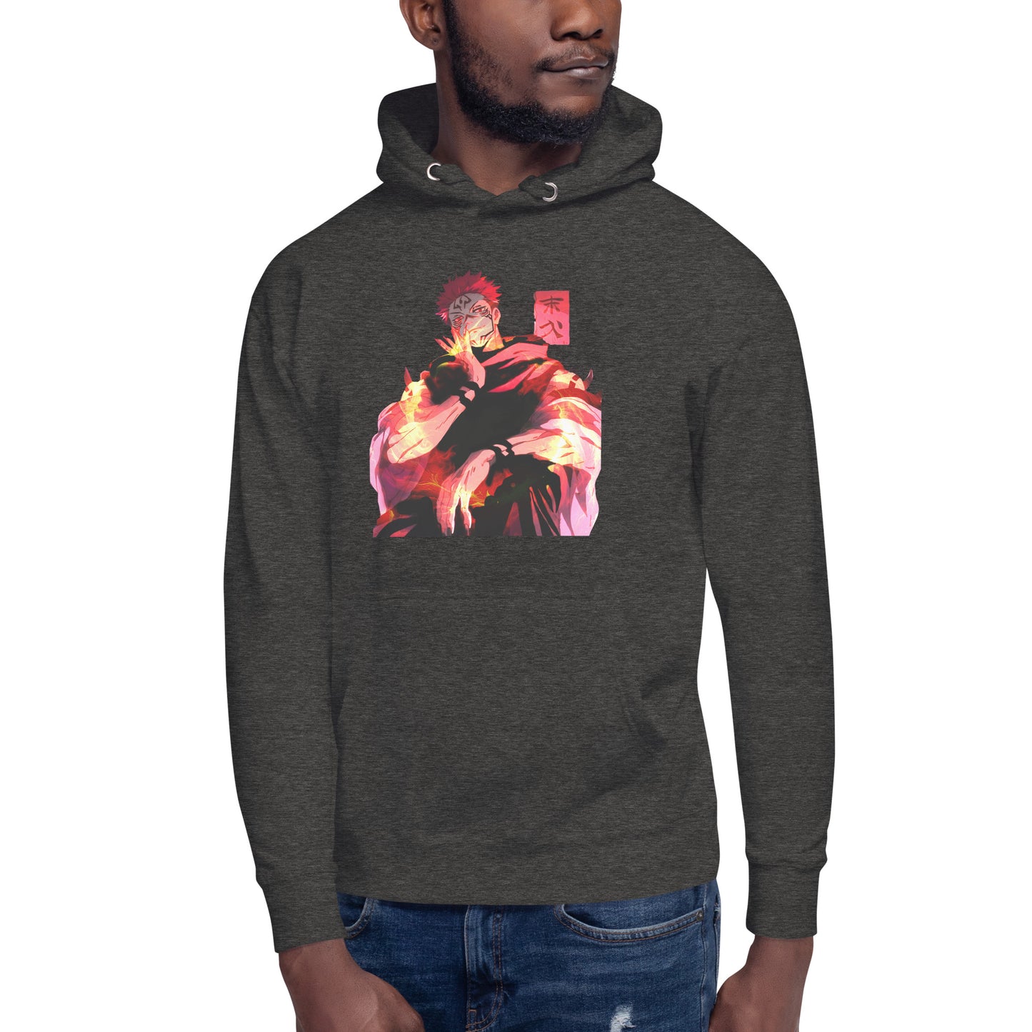 Heather anime hoodie with red malevolent cursed energy design inspired by Jujutsu Kaisen
