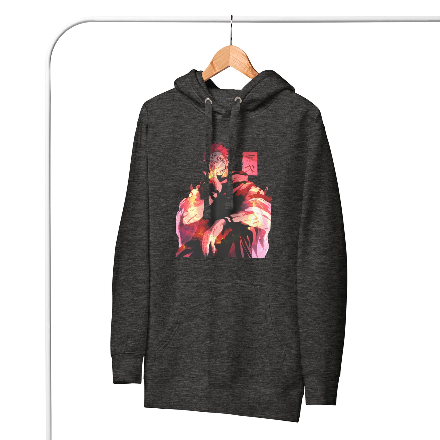 Charcoal Heather anime hoodie with red malevolent cursed energy design inspired by Jujutsu Kaisen