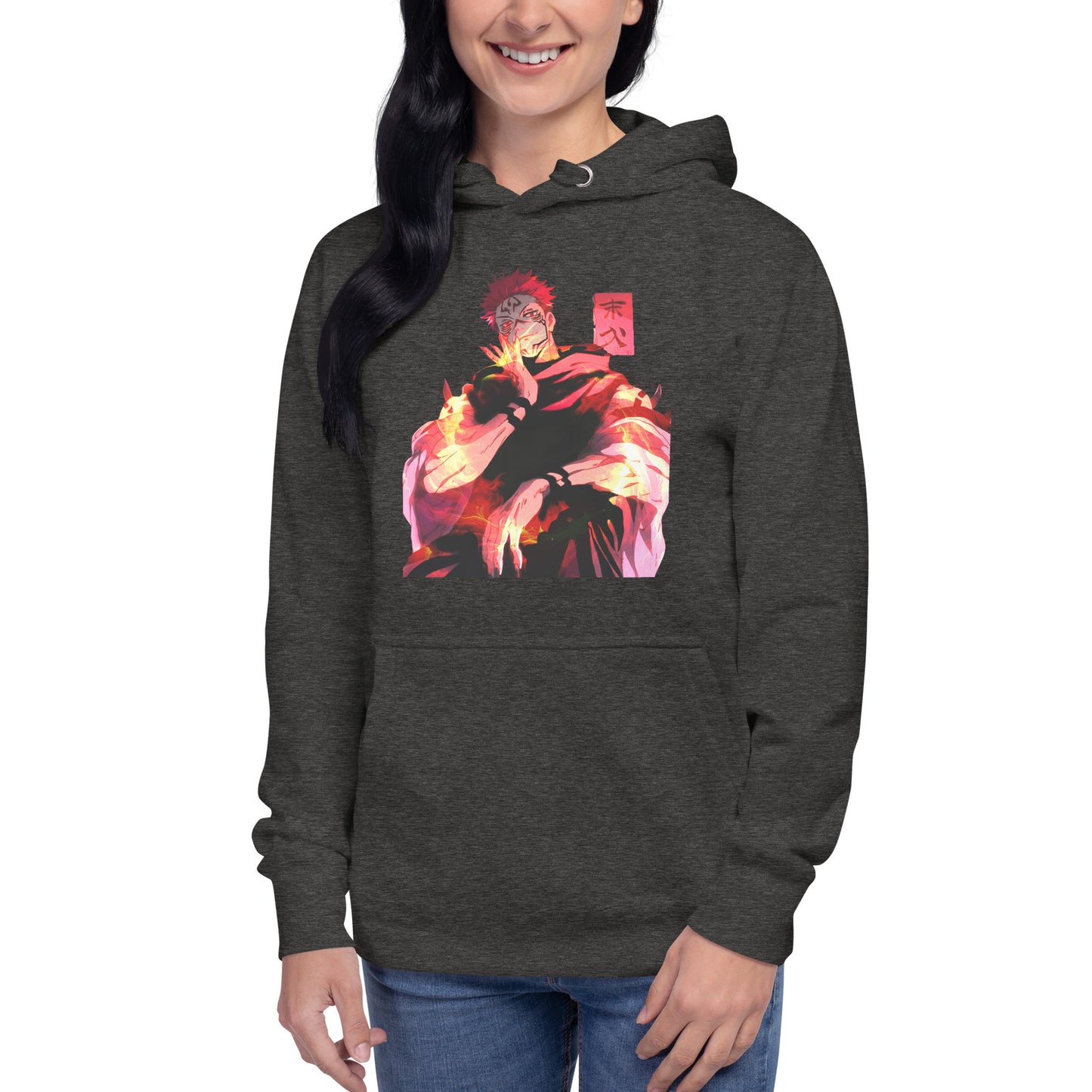 Charcoal anime hoodie with red malevolent cursed energy design inspired by Jujutsu Kaisen