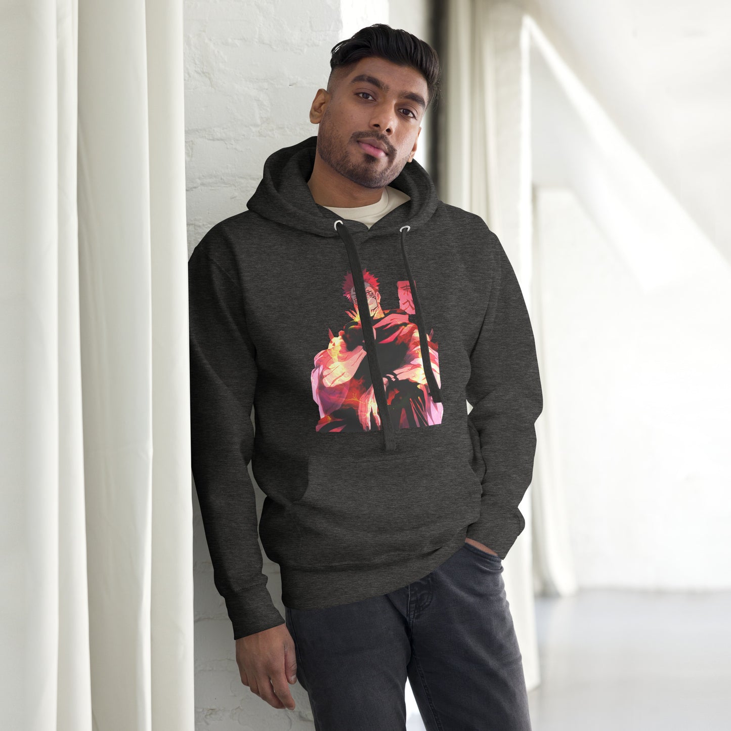 Charcoal Heather anime hoodie with red malevolent cursed energy design inspired by Jujutsu Kaisen