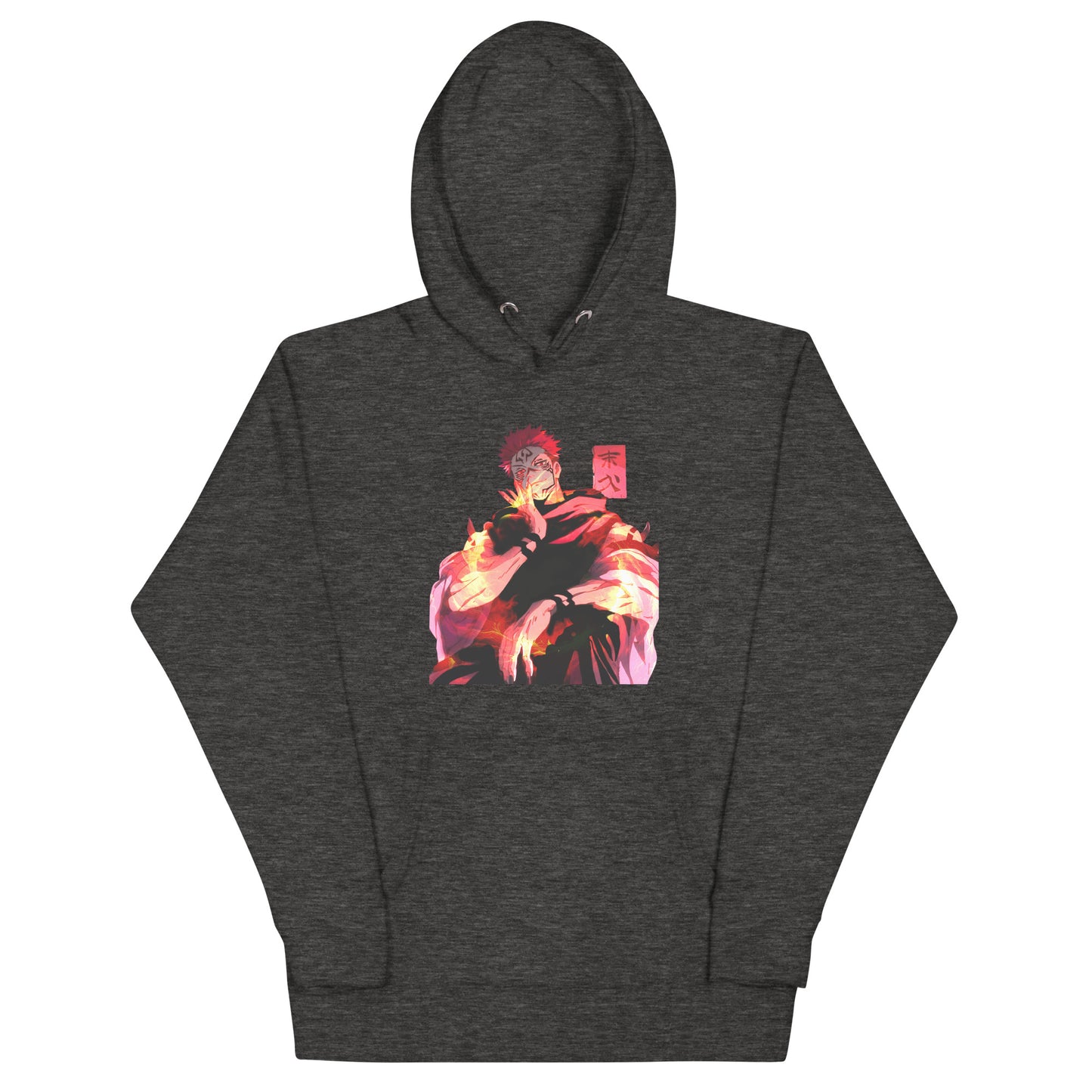 Charcoal Heather anime hoodie with red malevolent cursed energy design inspired by Jujutsu Kaisen