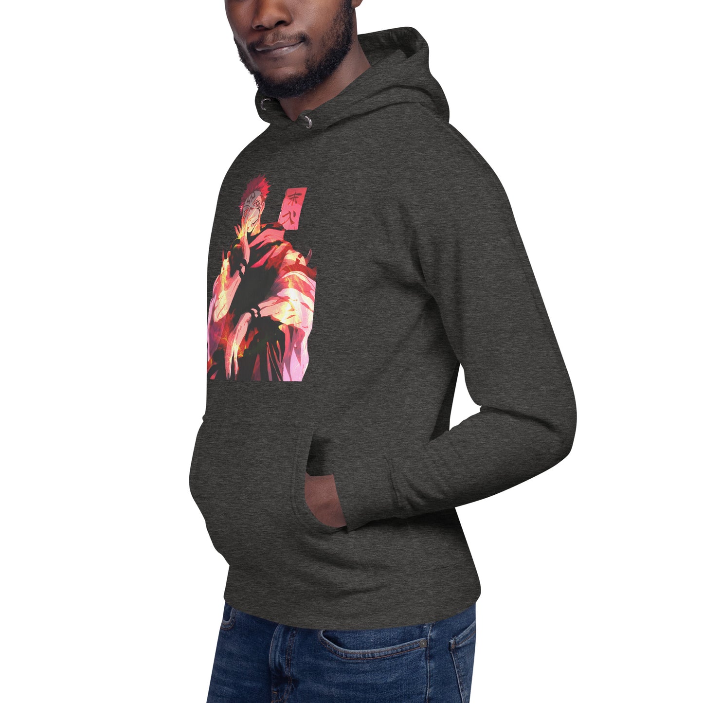 Charcoal Heather anime hoodie with red malevolent cursed energy design inspired by Jujutsu Kaisen