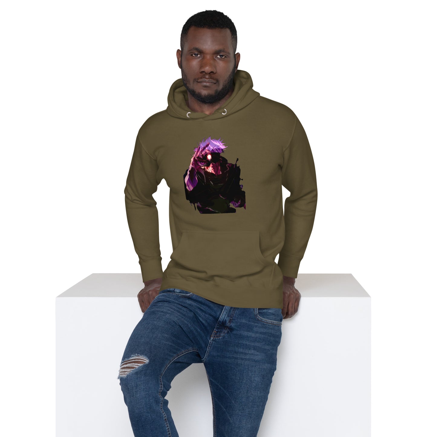 Military Green infinity streetwear hoodie featuring minimal urban design, oversized hood and split pocket detail