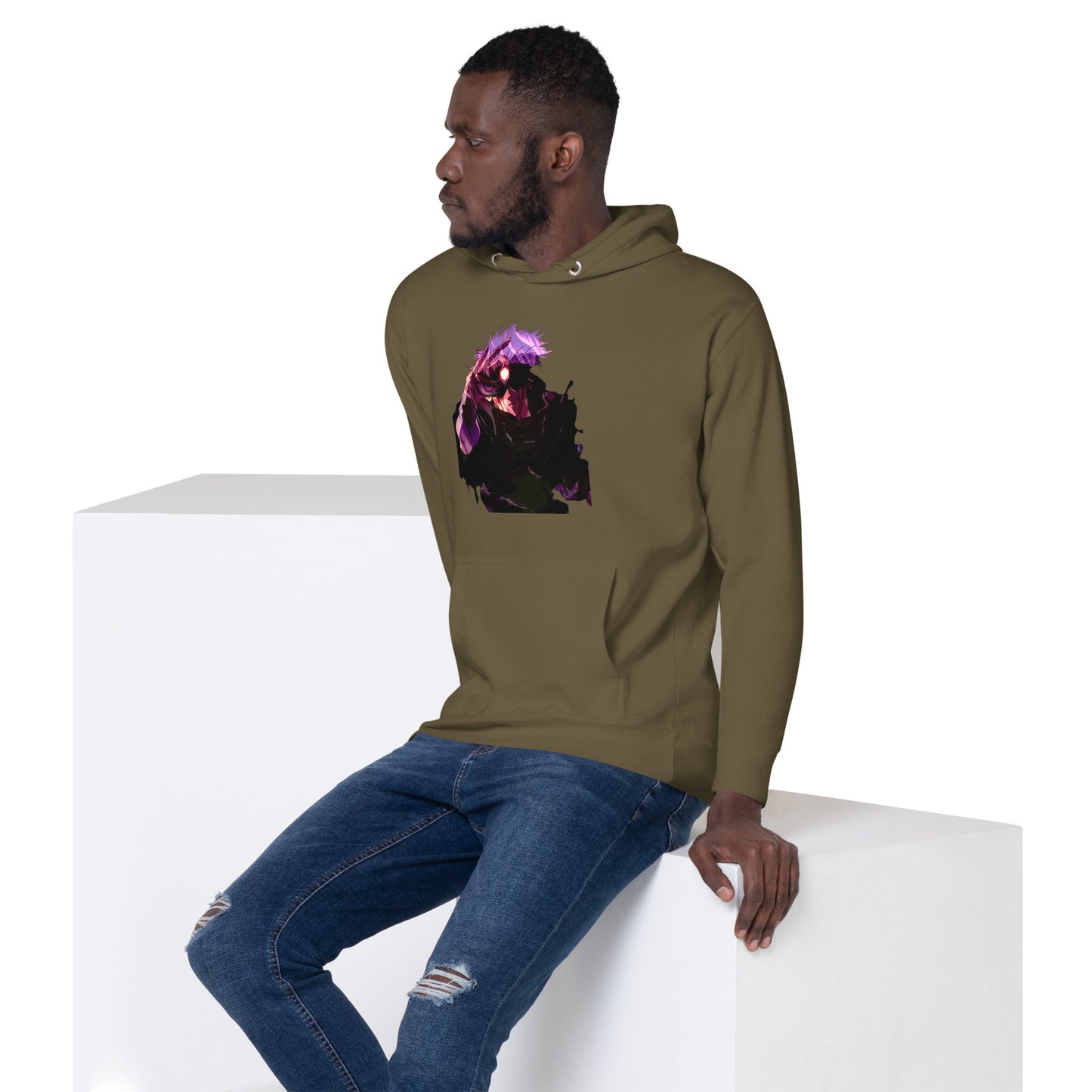 Military Green infinity streetwear hoodie featuring minimal urban design, oversized hood and split pocket details