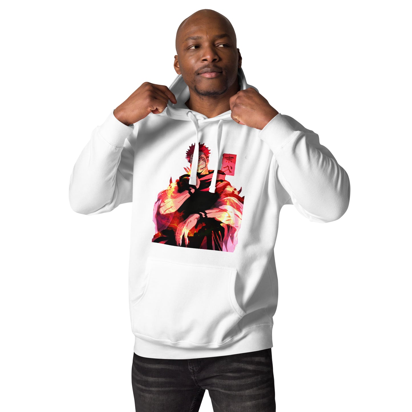 White anime hoodie with red malevolent cursed energy design inspired by Jujutsu Kaisen
