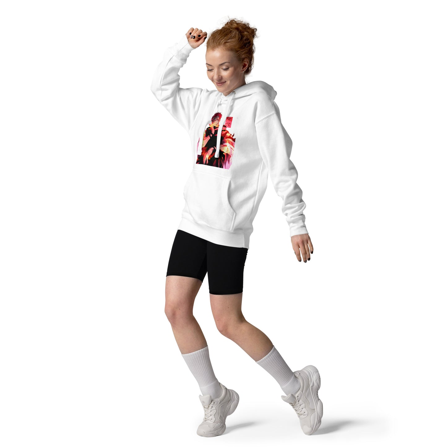 White anime hoodie with red malevolent cursed energy design inspired by Jujutsu Kaisen