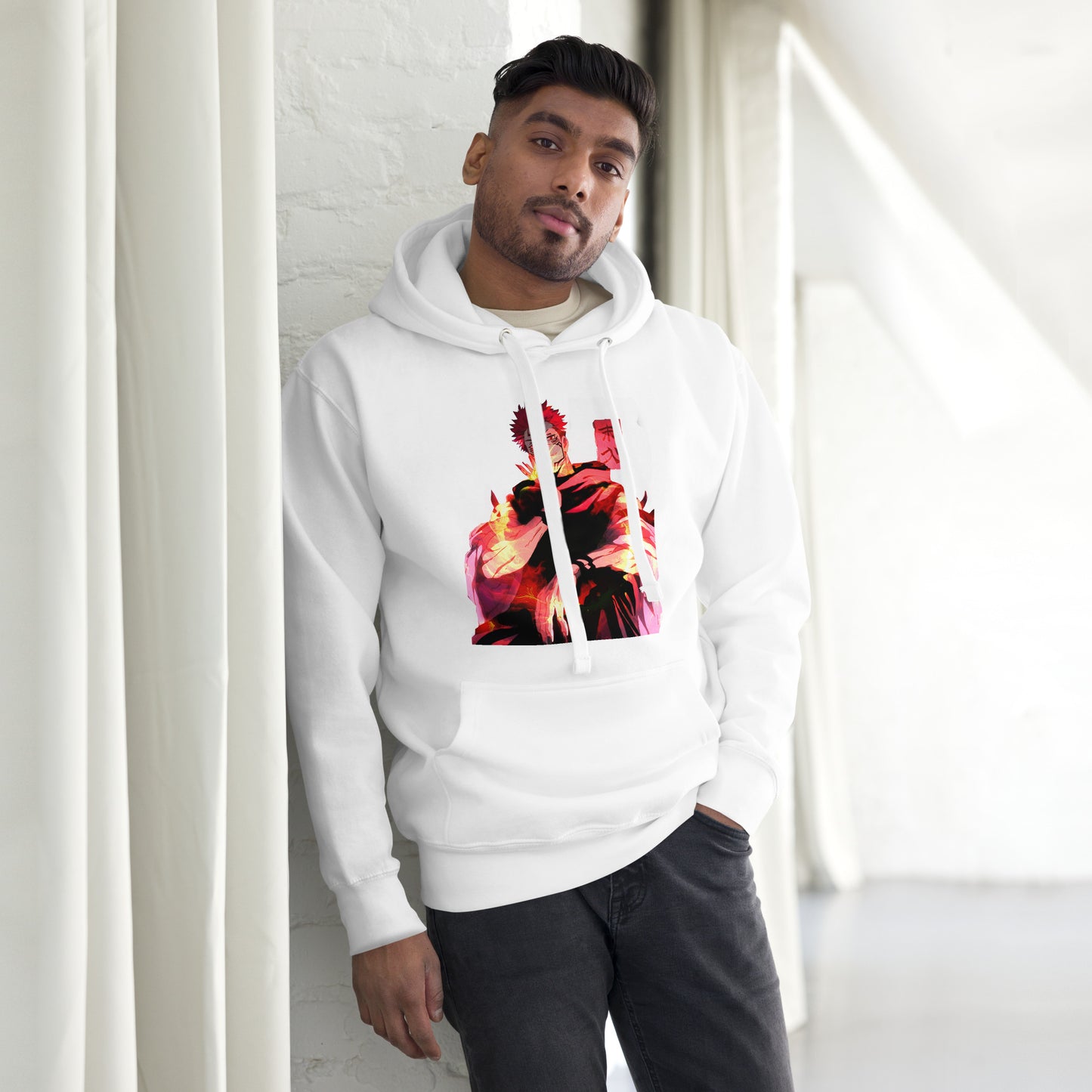 White anime hoodie with red malevolent cursed energy design inspired by Jujutsu Kaisen