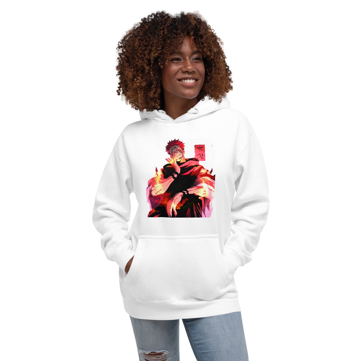 White anime hoodie with red malevolent cursed energy design inspired by Jujutsu Kaisen
