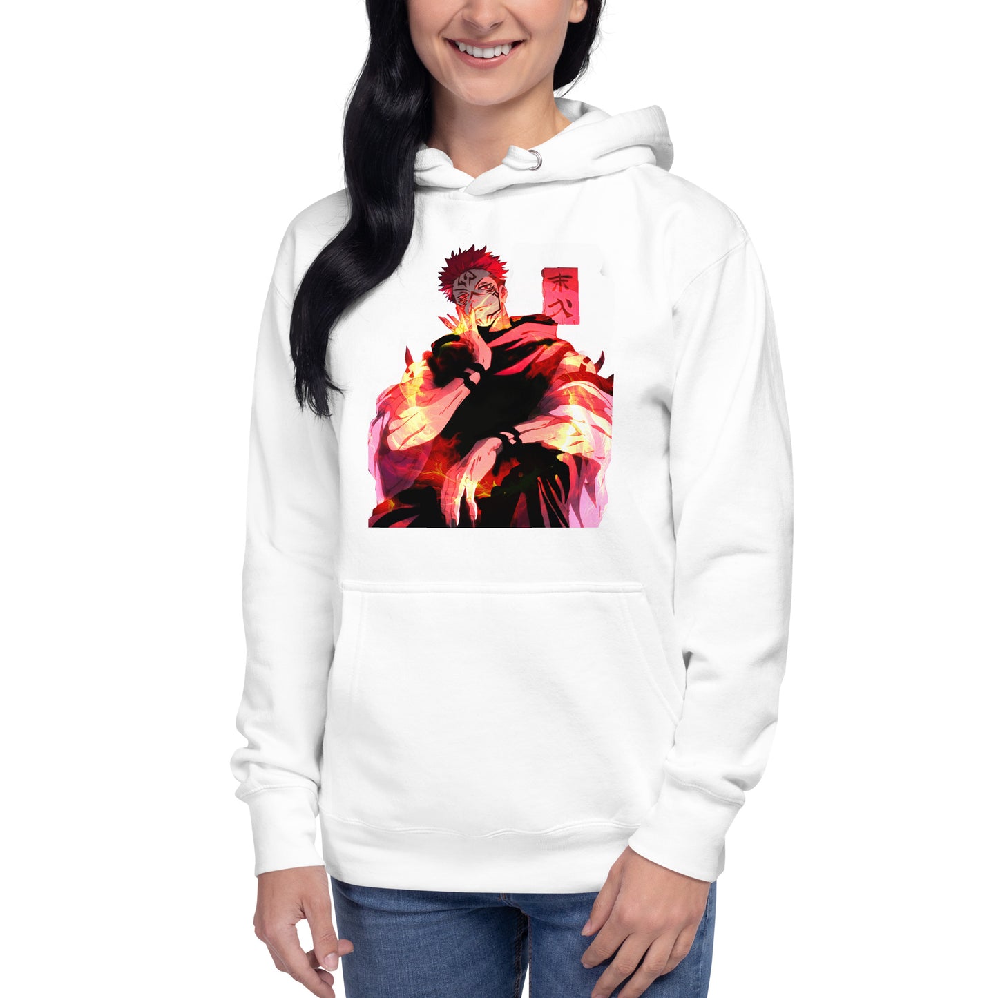 White anime hoodie with red malevolent cursed energy design inspired by Jujutsu Kaisen