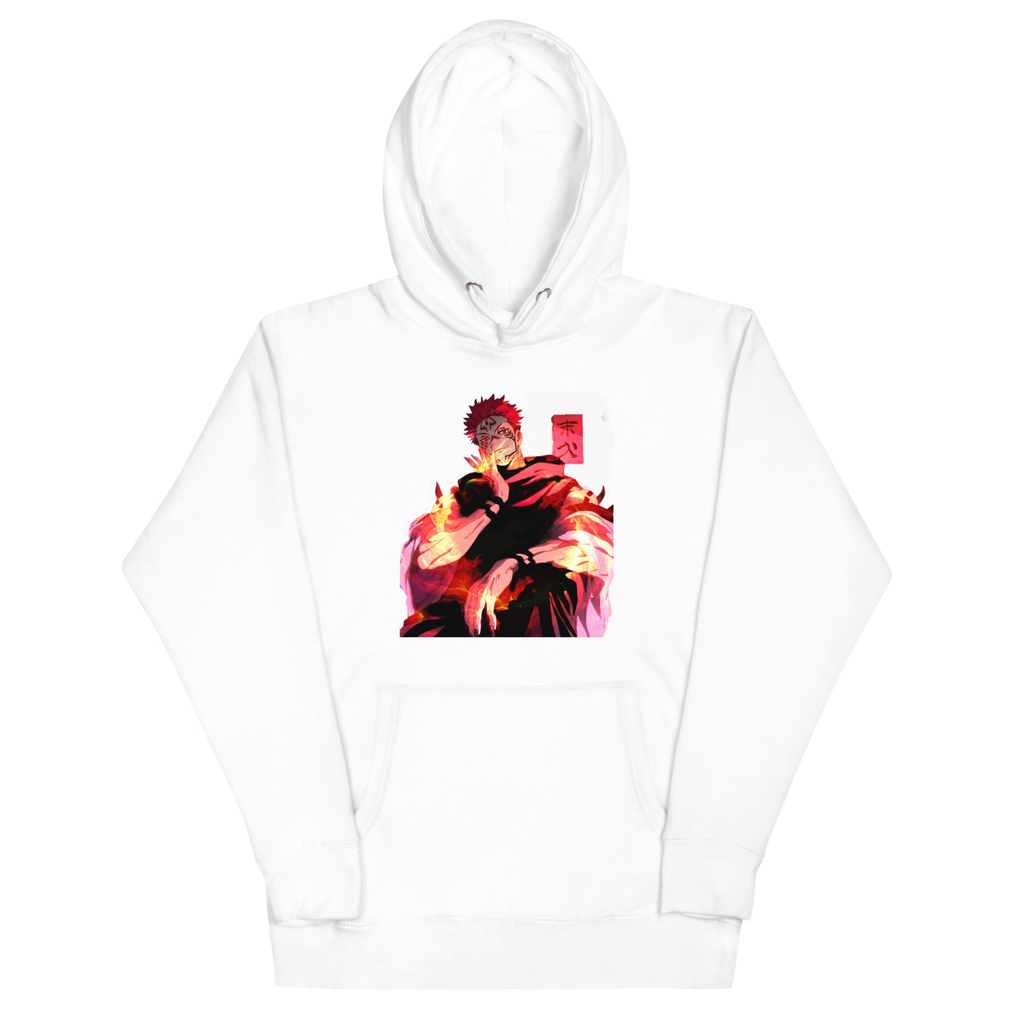 White anime hoodie with red malevolent cursed energy design inspired by Jujutsu Kaisen