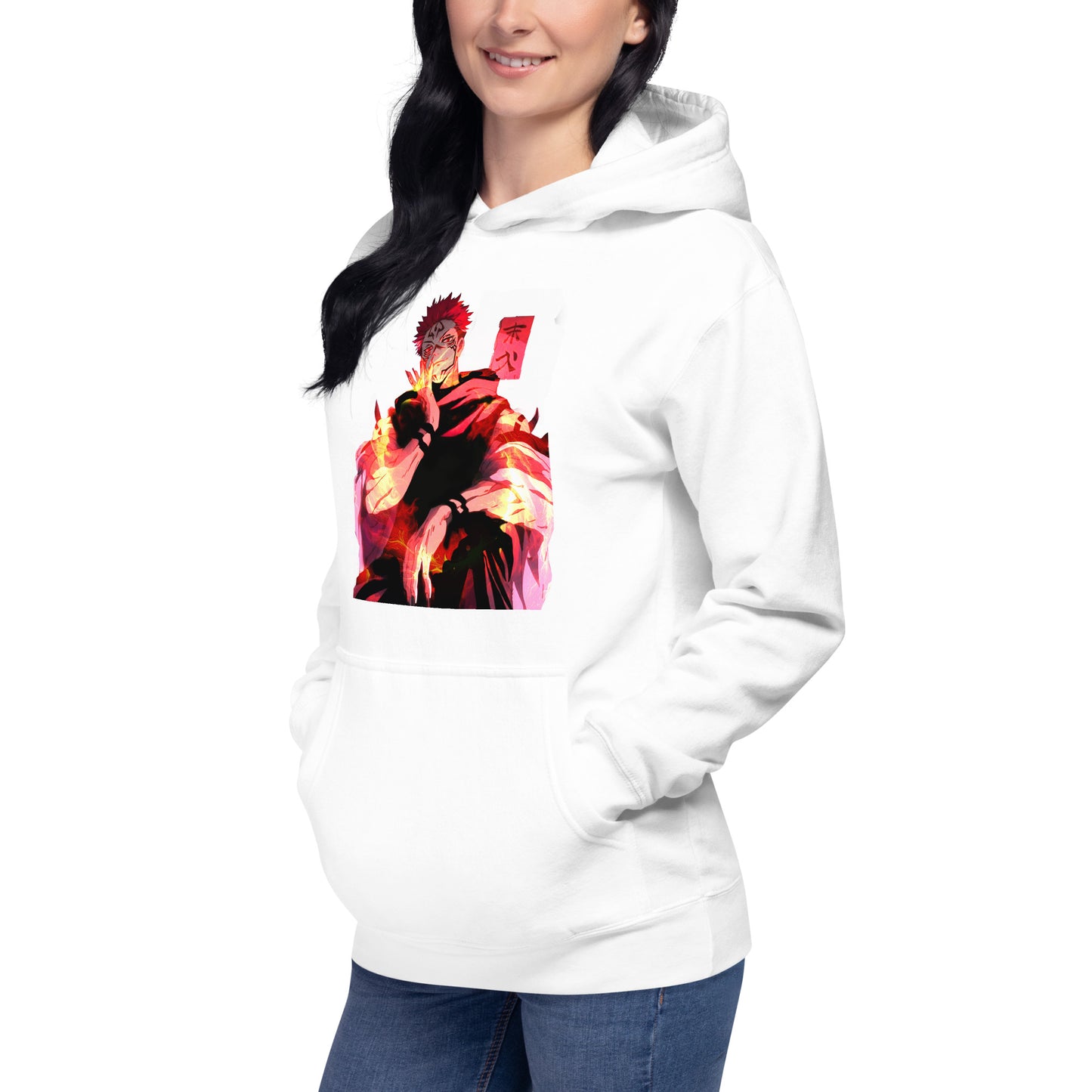 White anime hoodie with red malevolent cursed energy design inspired by Jujutsu Kaisen