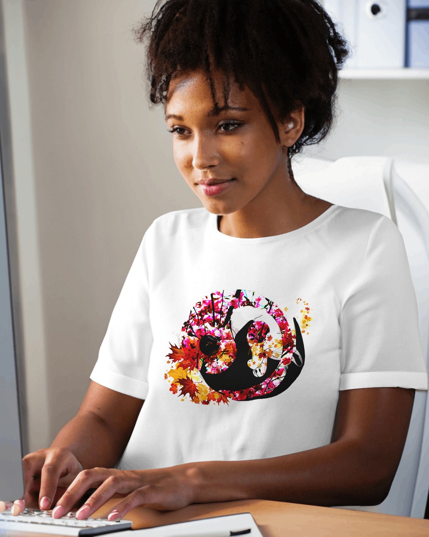 Soft White color t-shirt featuring artistic yin yang symbol created with black and white cats in circular balance