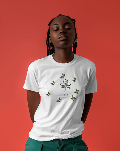Eco-friendly organic cotton White color t-shirt with green environmental design featuring leaf patterns and nature symbols