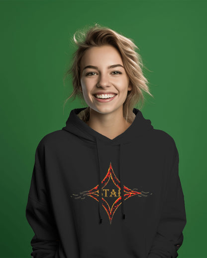 Black color hoodie featuring bright star universal decay cosmic design with vibrant supernova colors
