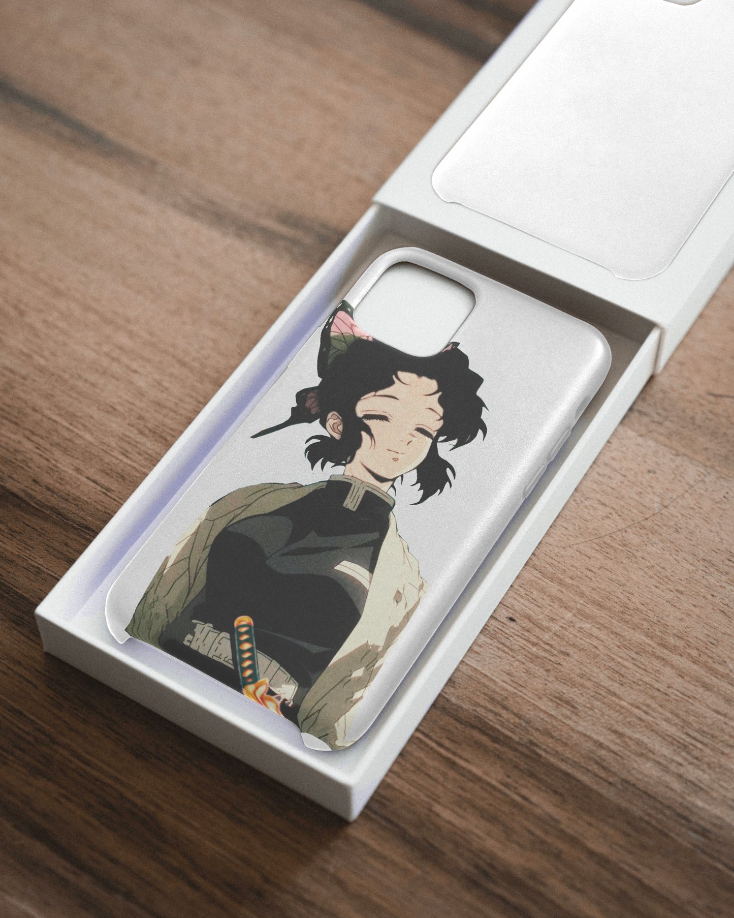 Purple and black iPhone case featuring Insect Hashira Shinobu Kocho from Demon Slayer with butterfly design