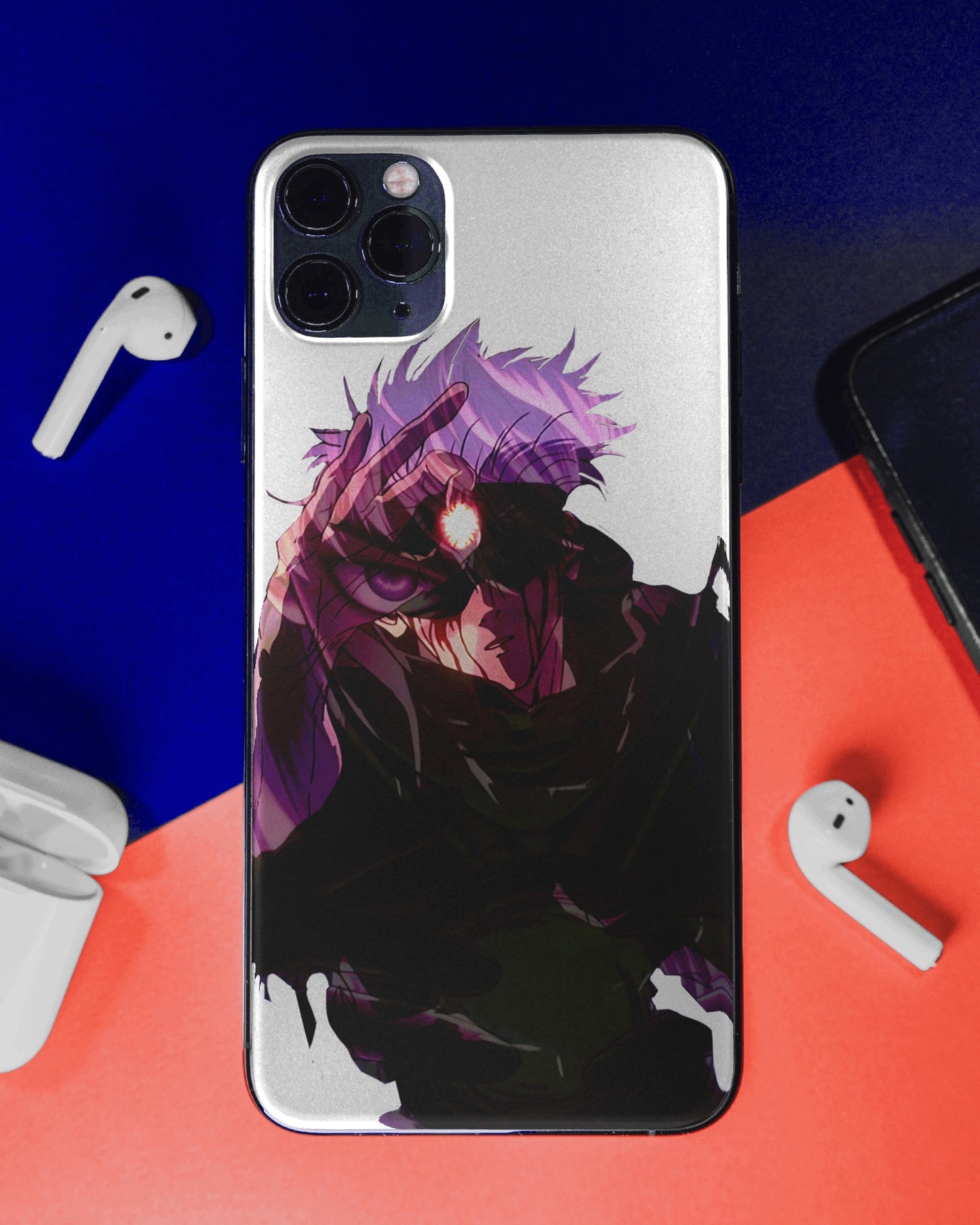 iPhone case featuring Gojo Satoru design with blue Six Eyes and Limitless technique elements from Jujutsu Kaisen