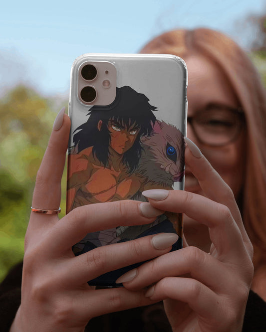 Black iPhone case featuring detailed anime boar mask design with tusks and metallic accents