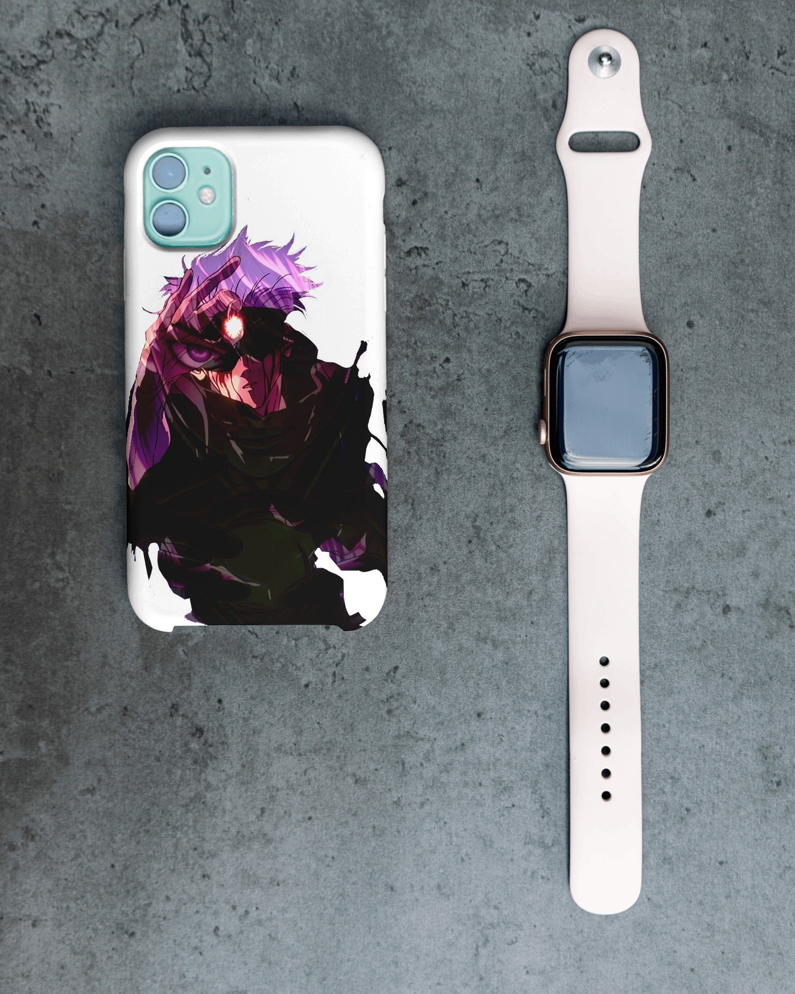 iPhone case featuring Gojo Satoru design with blue Six Eyes and Limitless technique elements from Jujutsu Kaisen