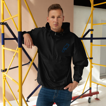 Black Champion jacket with custom blue embroidered details, adjustable hood and front zipper