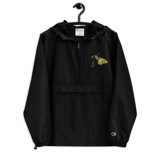 Black champion bomber jacket with gold embroidered details, ribbed collar and vintage styling