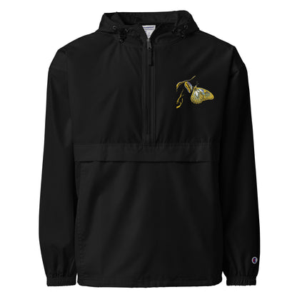 Black champion bomber jacket with gold embroidered details, ribbed collar and vintage styling