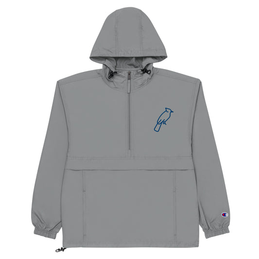 Grey Champion jacket with custom blue embroidered details, adjustable hood and front zipper