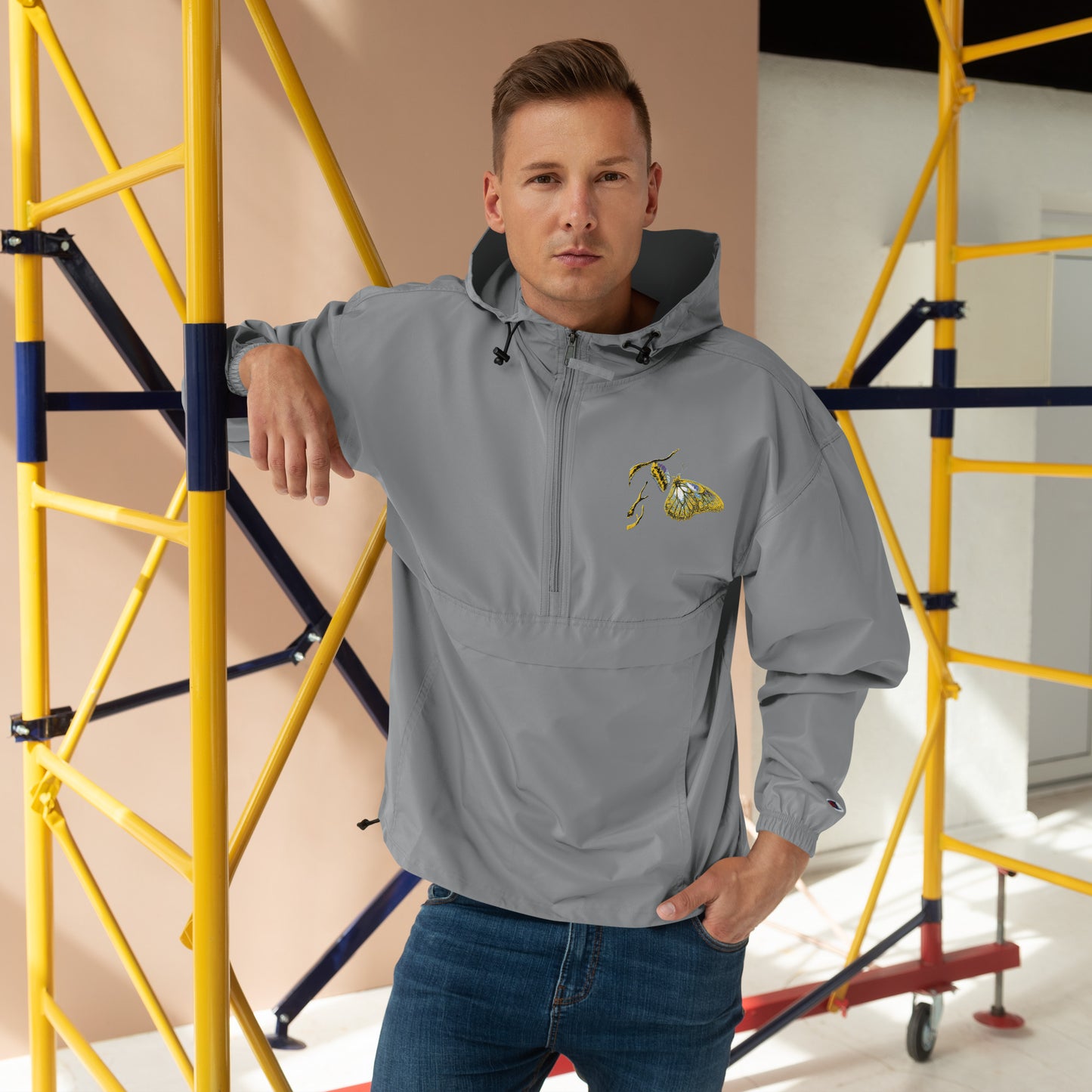 Graphite champion bomber jacket with gold embroidered details, ribbed collar and vintage styling