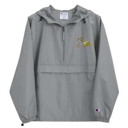 Graphite champion bomber jacket with gold embroidered details, ribbed collar and vintage styling