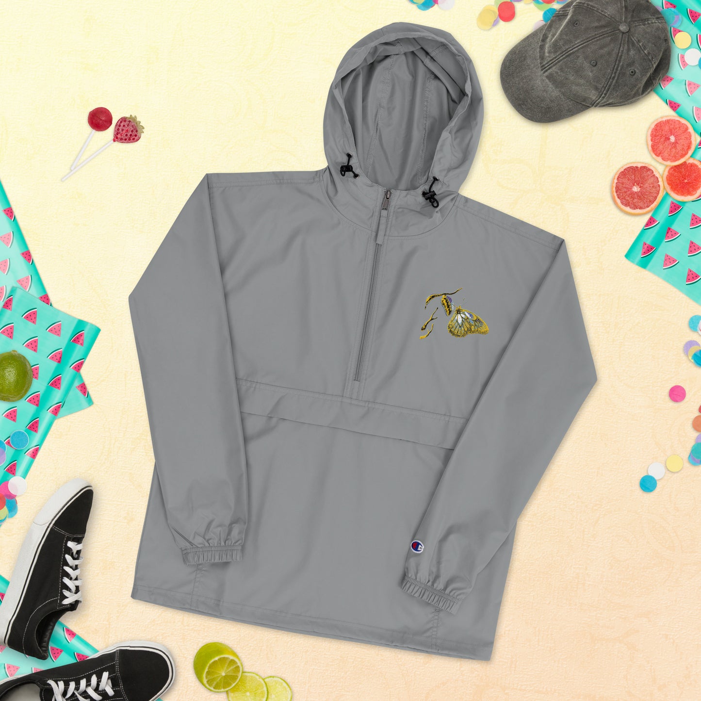Graphite champion bomber jacket with gold embroidered details, ribbed collar and vintage styling