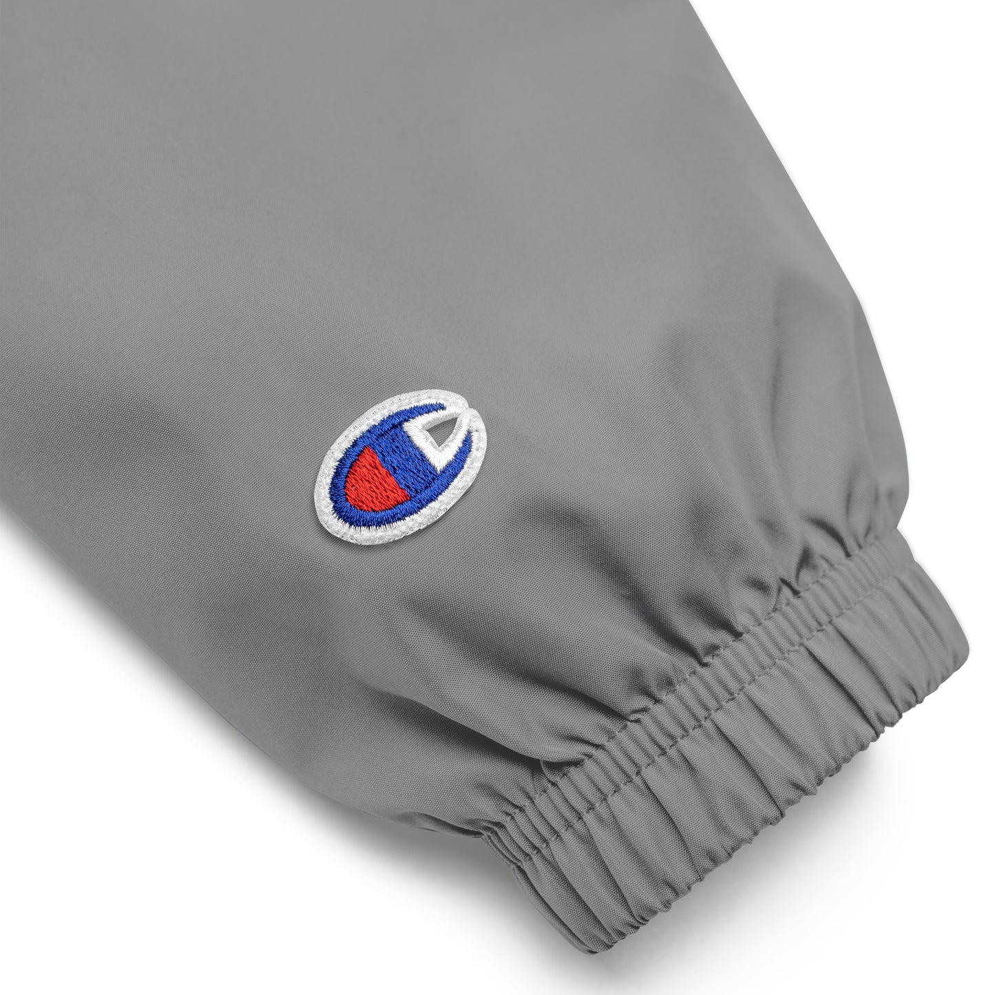 Grey Champion jacket with custom blue embroidered details, adjustable hood and front zipper