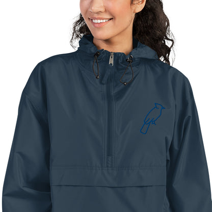 Navy Champion jacket with custom blue embroidered details, adjustable hood and front zipper