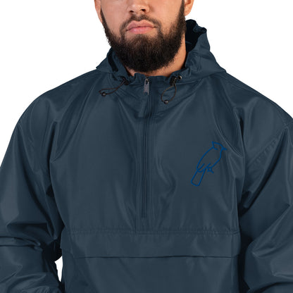 Navy Champion jacket with custom blue embroidered details, adjustable hood and front zipper