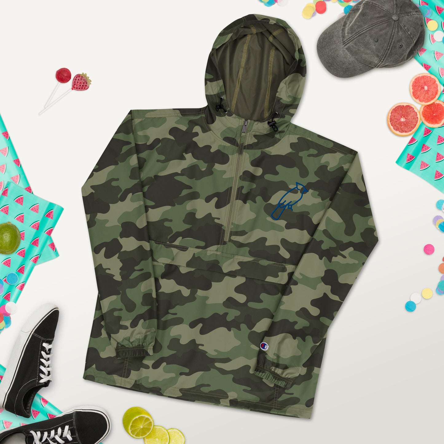 Olive Green Champion jacket with custom blue embroidered details, adjustable hood and front zipper